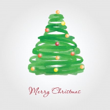 Christmas card with watercolor painted fir tree with multicolored ballsの写真素材