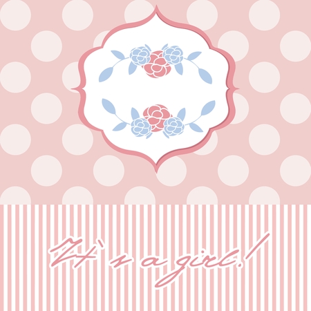 Baby girl shower card with cute floral wreaths on seamless polka dots の写真素材