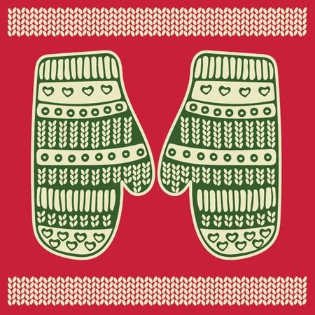Christmas greeting card with knitted mittens. Vector illustration in green and red colorsのイラスト素材