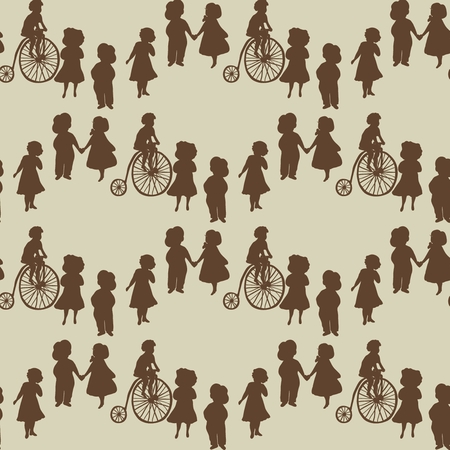 Funny childish seamless pattern in bright popular colors. Boys and girls playing in flowers, birds and hearts in vectorのイラスト素材