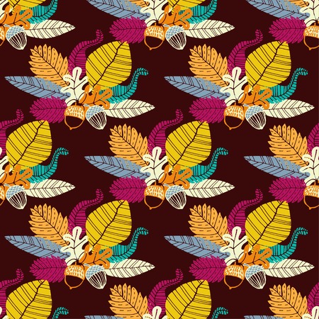 Seamless pattern with acorns and  leaves. Vector illustration. Hand drawn background.のイラスト素材