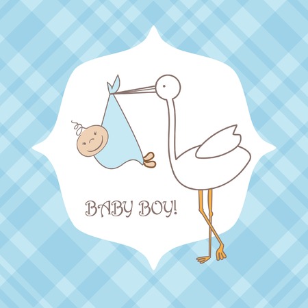 Baby boy announcement arrival card. Baby shower card with stork and boy. Vector illustrationのイラスト素材