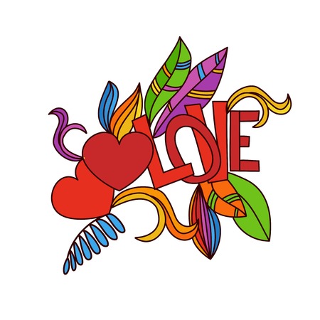 Hand drawn valentines doodle card design. Heart and Love word with  floral elements. Vector illustration for design of gift packs, wrap,  greeting cards, wallpaper, web sites and other.のイラスト素材