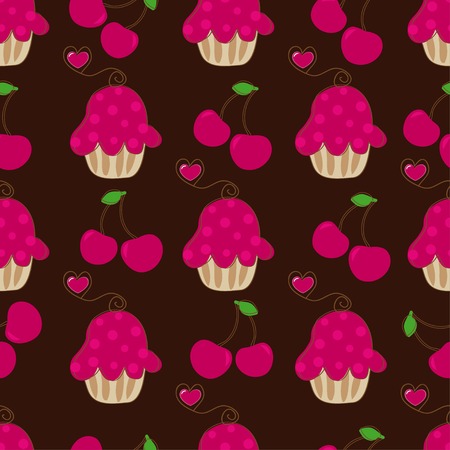 Cupcake retro seamless pattern with cute cake and heart cherry. Vector illustration for design of gift packs, wrap,  patterns fabric, wallpaper, web sites and other.のイラスト素材