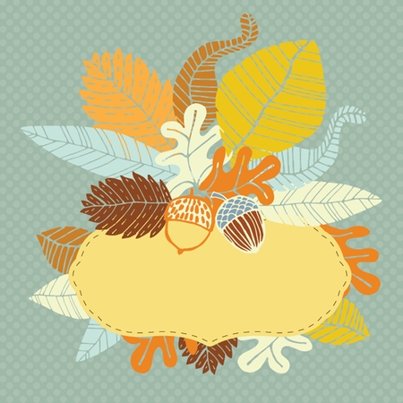 Vintage card with bright autumn leaves and acorns. Good idea for invitation or seasonal card. Autumn leaf background. Vintage illustration.のイラスト素材