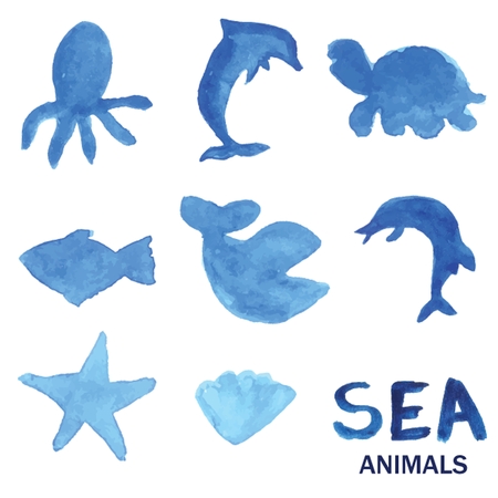 Blue hand drawn watercolor painted sea animals set. Vector illustration of dolphin, octopus, fish, whale, shark, sea star and shell.のイラスト素材