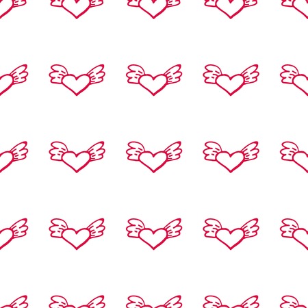 Seamless valentine pattern with flying hearts with wings. Love background.