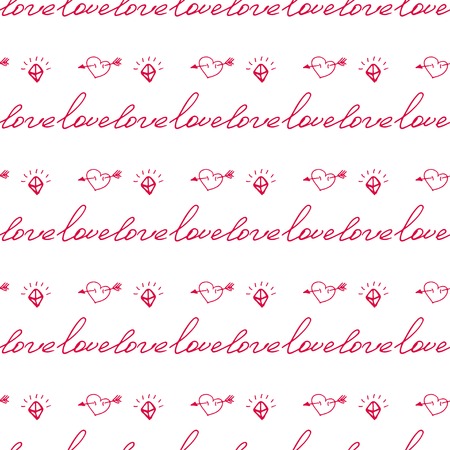 Seamless valentine pattern with word love and hearts with wings.のイラスト素材