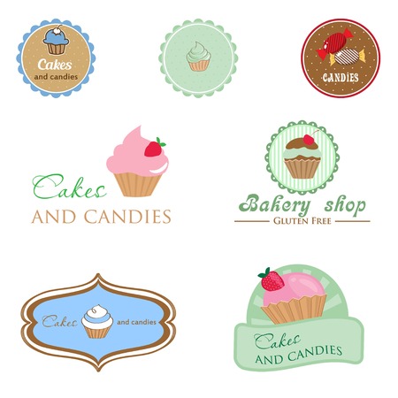 Set of vintage style logo with cupcake and candies. Good idea for label, banner, logo or other designのイラスト素材