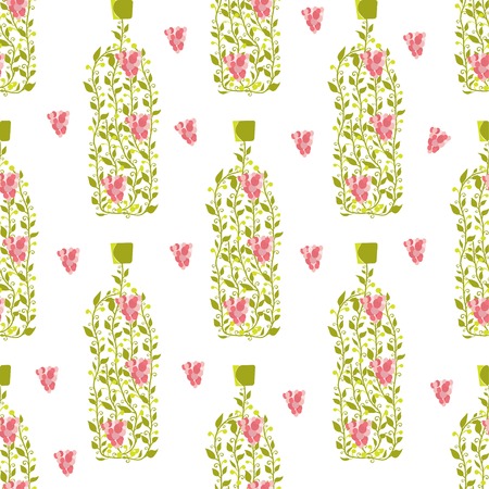 Seamless pattern with wine bottle from grape leaves and berriesのイラスト素材