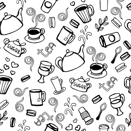 Tea and coffee  seamless background. Vector doodles pattern.のイラスト素材