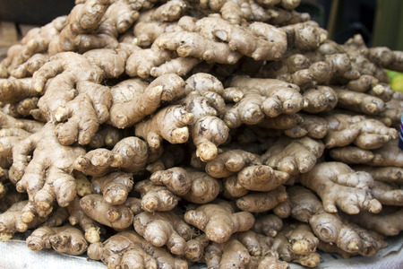 Fresh juicy ginger on a counter in the market of India of Goa.の写真素材