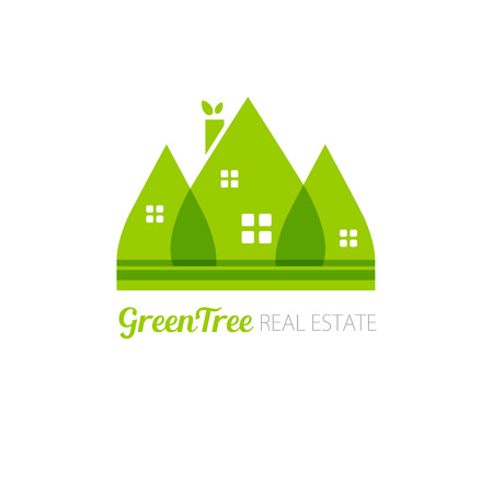 Eco house with green leaves. House logo. Ecological house icon.のイラスト素材