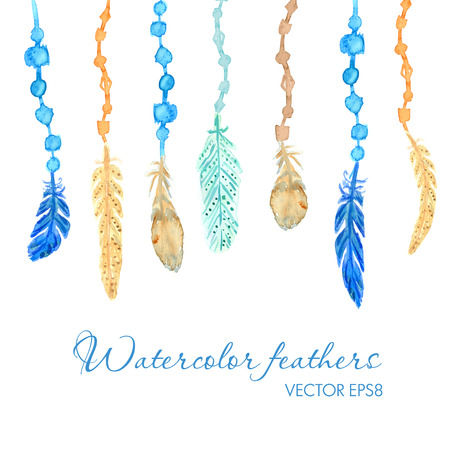 Set of ethnic multicolored feathers. Ethnic illustration in native style.のイラスト素材