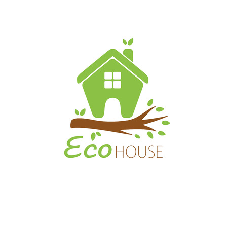 Small green eco house on the tree branch. House logo. Ecological house icon.のイラスト素材