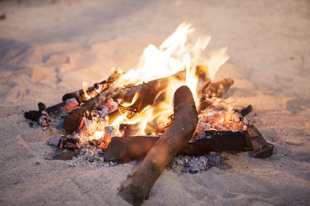 Fire flame on a beach on sandの写真素材