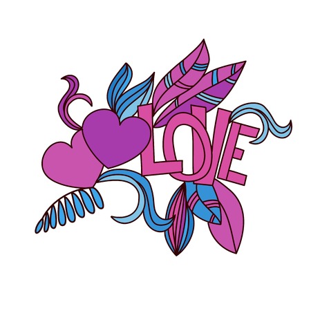 Hand drawn valentines doodle card design. Heart and Love word with  floral elements. Vector illustration for design of gift packs, wrap,  greeting cards, wallpaper, web sites and other.のイラスト素材