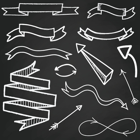 Vintage Vector Set of Hand Drawn Doodle Banners and Ribbons on black chalk board.のイラスト素材