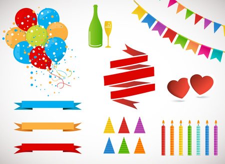 Vector Holiday Set.  Colorful Garlands, Flags, banners, air Balloons, Birthday Candles, Hats and Champagne bottle and glass on white background. Rainbow colors.のイラスト素材