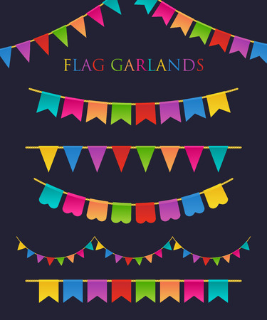 Vector Illustration of Colorful Garlands on dark background. Rainbow colors buntings and flags. Holiday set.のイラスト素材