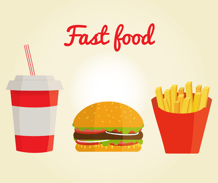 Fast food menu banner in  flat style, horizontal templates design. Banner with french fies,  burger and soda water.のイラスト素材