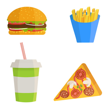 Fast food icons set in  flat style, vector design. Flat illustration of french fies,  burger, pizza and soda water.のイラスト素材