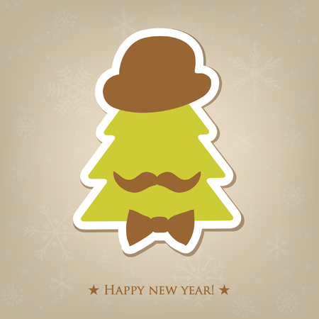 Merry Christmas celebration greeting card design with abstract christmas tree in retro mens hat with bow tie and moustache on snowflake background.のイラスト素材