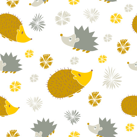 Vector Seamless Pattern with Cute Cartoon Hedgehogs. Autumn background.のイラスト素材