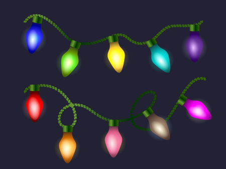 Glowing light bulbs garlands on dark background. Vector  set.のイラスト素材