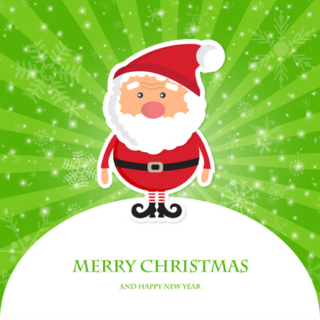 Cute Santa Claus on green ray  christmas background with lights and snowflakes. Christmas card, poster, web designのイラスト素材