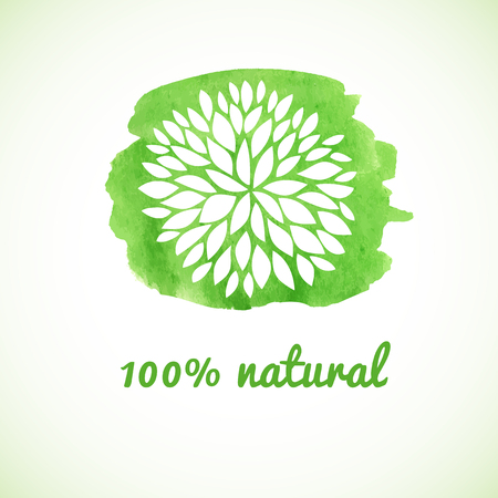 100 natural. Vector banner. Logotype design with flower on watercolor green background. Hand drawn design elements. For beauty salon, health clinic, yoga and massage senter.のイラスト素材