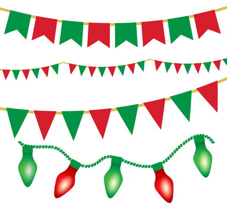 Christmas lights ans flag garlands set. Red and green christmas elements. Vector illustration for posters, banners, invitation, greeting cards, holiday menu design.のイラスト素材