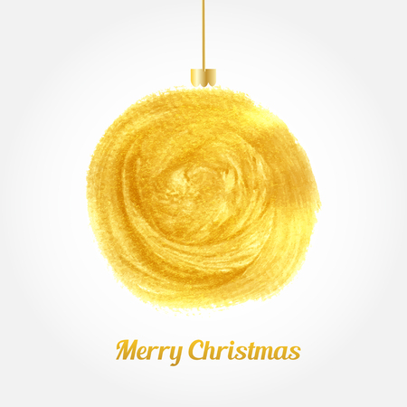 Golden watercolor painted vector Christmas ball. Christmas card with gold ball and textのイラスト素材