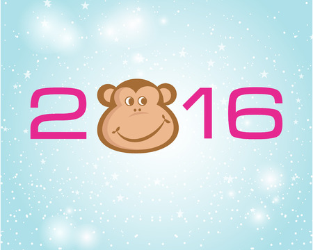 New year card with 2016 number and monkey (symbol of 2016 new year) face on blue backgroundのイラスト素材