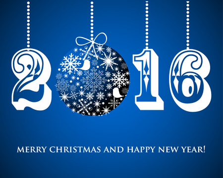 Abstract Christmas background. Christmas Snowflakes ball and numbers 2016 on blue background. Christmas card design. Christmas poster, banner, card or web design with snowflakeのイラスト素材