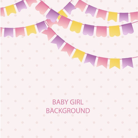 Cute vintage textile pink and violet bunting flags for girl's baby shower background. Cute flag garlands on polka dot background.のイラスト素材