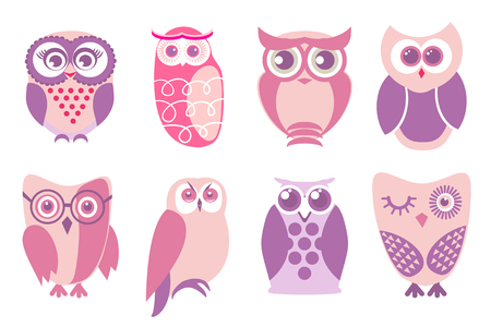 Set of cartoon pink owls. Vector illustration of cartoon owls in baby pink colorsのイラスト素材