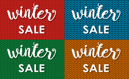 Winter sale. Ink painted inscription on blue background from knitted wool. Vector illustrationのイラスト素材