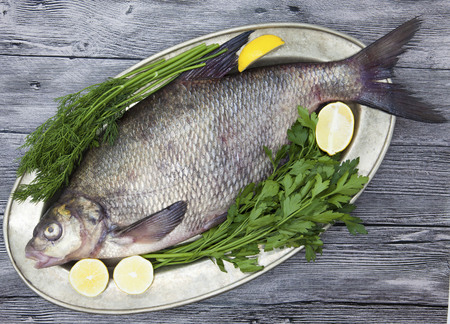 A large live bream river fish  fish lying on a on on an iron tray with a knife and slices of lemon and with salt dill.の写真素材