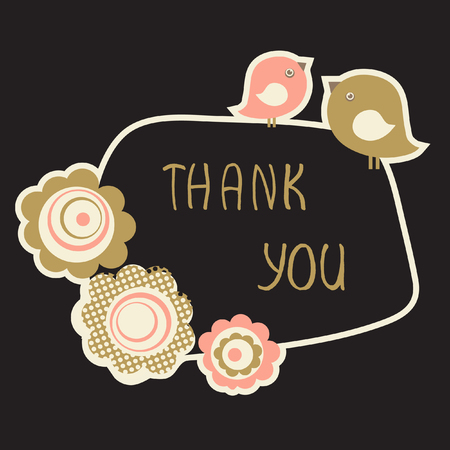 Cute Thank You Card with birds couple and flowers. Vintage pastel colored vector illustrationのイラスト素材
