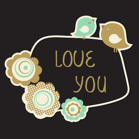 Cute Love You Card with birds couple and flowers. Vintage pastel colored vector illustrationのイラスト素材