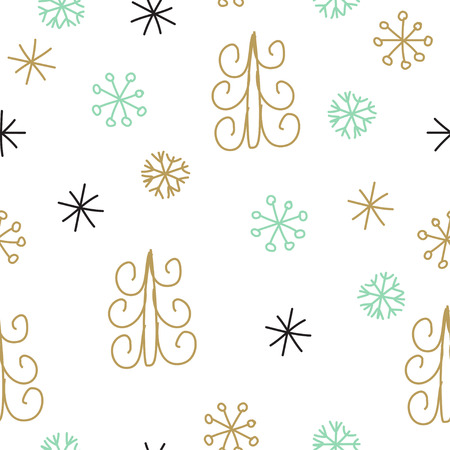 Snowflake and fir christmas tree. Christmas decoration pattern, seamless background, hand drawn elements. Vector illustration in black, gold, mint and white colorsのイラスト素材
