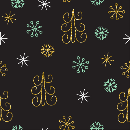 Snowflake and fir christmas tree. Christmas decoration pattern, seamless background, hand drawn elements. Vector illustration in black, gold, mint and white colorsのイラスト素材