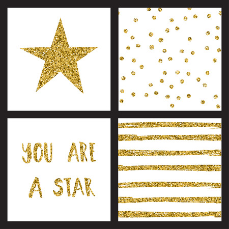 Set of glitter gold design cards with star, dots, lines and motivational quote. You are a star. Vector illustrationのイラスト素材