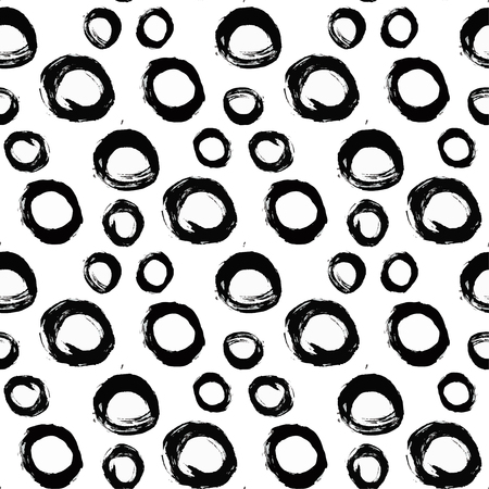 Seamless ink brush painted pattern with black circles. Vector illustration. Black and white grunge pattern. Can be used for tags, flyers, banners, web, print, textile and paper designsのイラスト素材