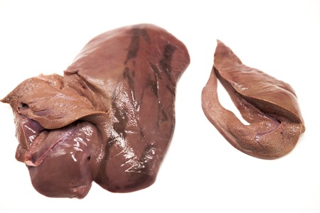 A piece of fresh raw beef liver on white backgroundの写真素材