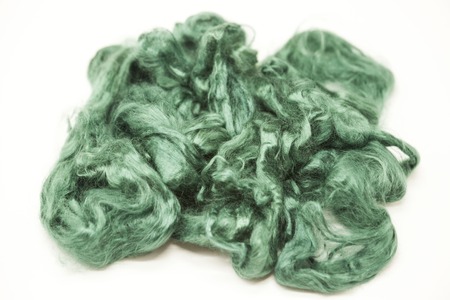 Aquamarine green piece of Australian sheep wool Merino breed close-up on a white background.の写真素材