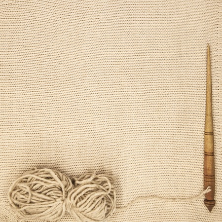 Excellent mocap  old wooden spindle with a ball of wool thread for the manufacture of woolen threads...