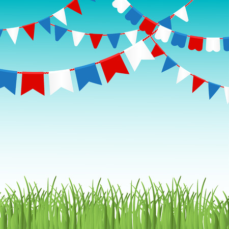 Vector illustration of Blue sky and green grass landskape  with colorful flags garlands. Red, blue and white flags. Holiday background with place for text.のイラスト素材