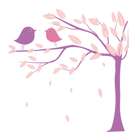 Two cute birds on the tree branches. Birds in love. Vector illustration for wedding invitation, prints, cards, wallpapers and textileのイラスト素材